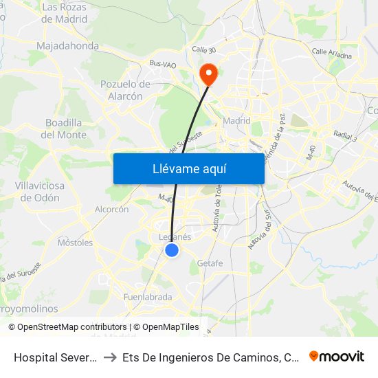 Hospital Severo Ochoa to Ets De Ingenieros De Caminos, Canales Y Puertos map