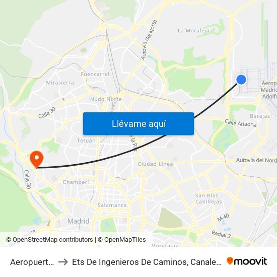 Aeropuerto T4 to Ets De Ingenieros De Caminos, Canales Y Puertos map