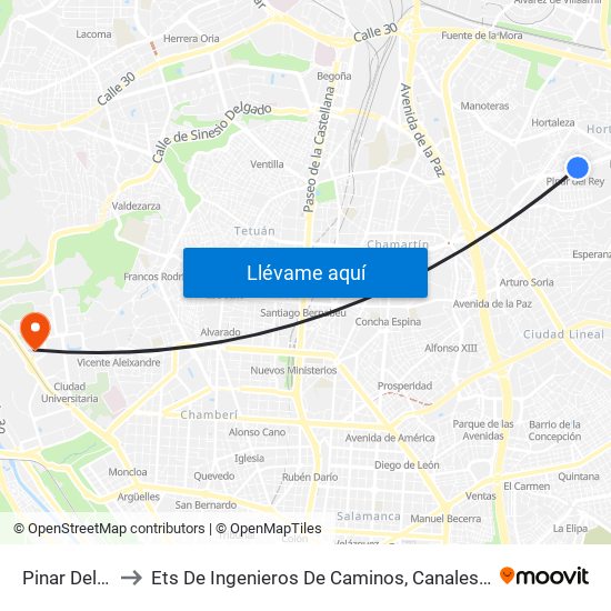 Pinar Del Rey to Ets De Ingenieros De Caminos, Canales Y Puertos map