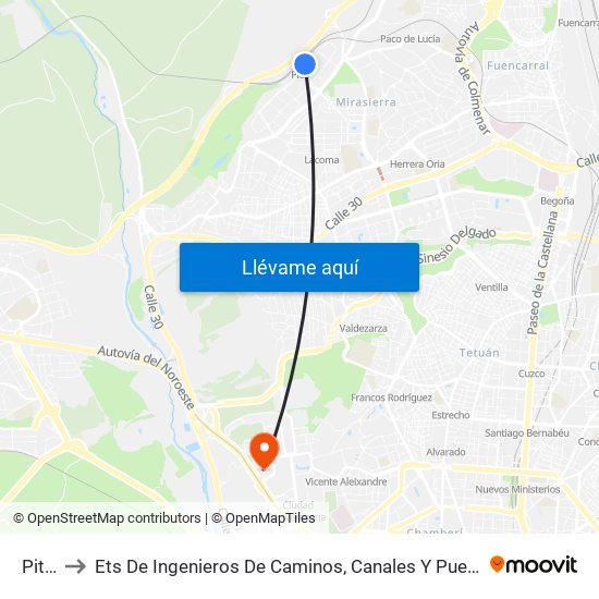 Pitis to Ets De Ingenieros De Caminos, Canales Y Puertos map