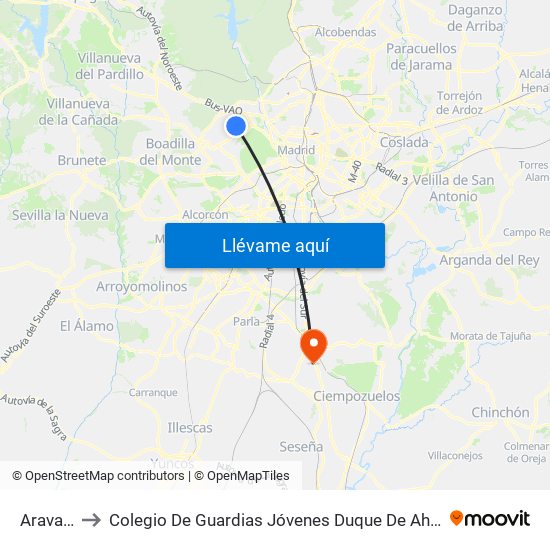 Aravaca to Colegio De Guardias Jóvenes Duque De Ahumada map