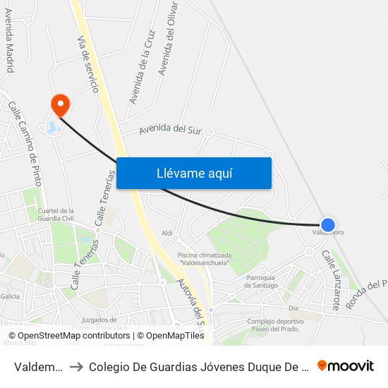 Valdemoro to Colegio De Guardias Jóvenes Duque De Ahumada map