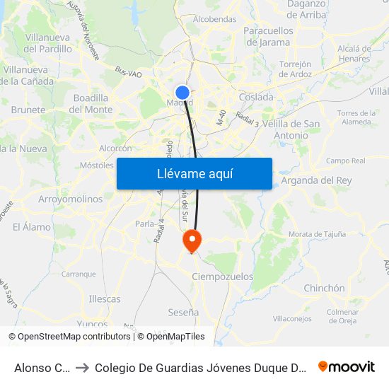 Alonso Cano to Colegio De Guardias Jóvenes Duque De Ahumada map