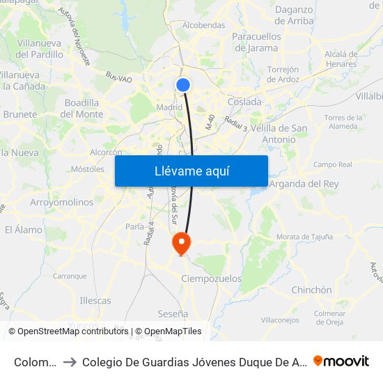 Colombia to Colegio De Guardias Jóvenes Duque De Ahumada map