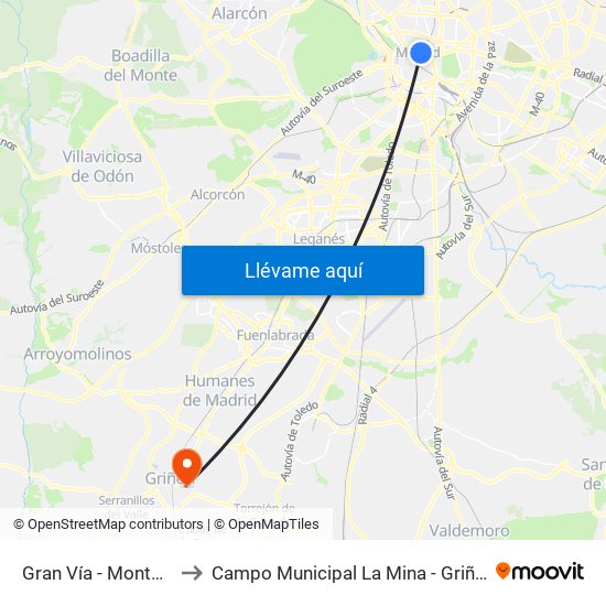 Gran Vía - Montera to Campo Municipal La Mina - Griñón map