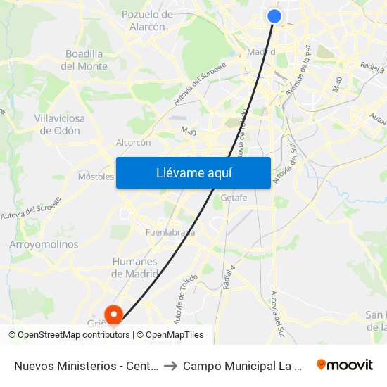 Nuevos Ministerios - Centro Comercial to Campo Municipal La Mina - Griñón map