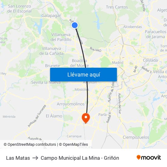 Las Matas to Campo Municipal La Mina - Griñón map