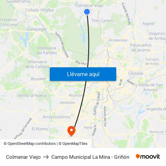 Colmenar Viejo to Campo Municipal La Mina - Griñón map