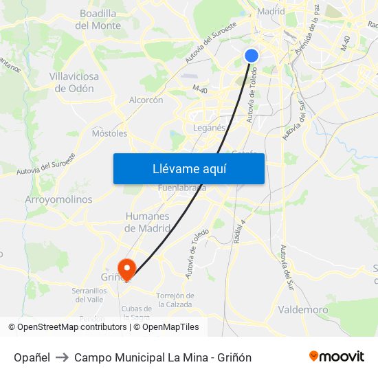 Opañel to Campo Municipal La Mina - Griñón map