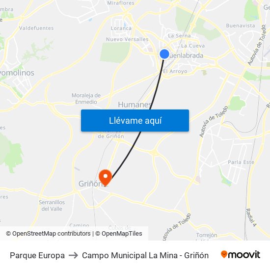 Parque Europa to Campo Municipal La Mina - Griñón map