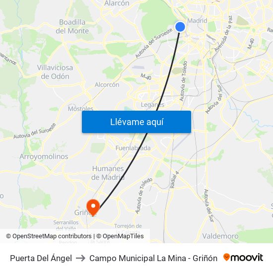 Puerta Del Ángel to Campo Municipal La Mina - Griñón map