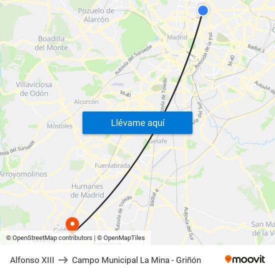 Alfonso XIII to Campo Municipal La Mina - Griñón map