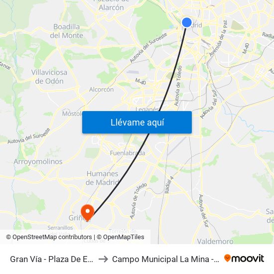 Gran Vía - Plaza De España to Campo Municipal La Mina - Griñón map