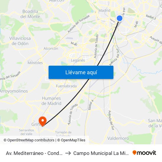 Av. Mediterráneo - Conde De Casal to Campo Municipal La Mina - Griñón map