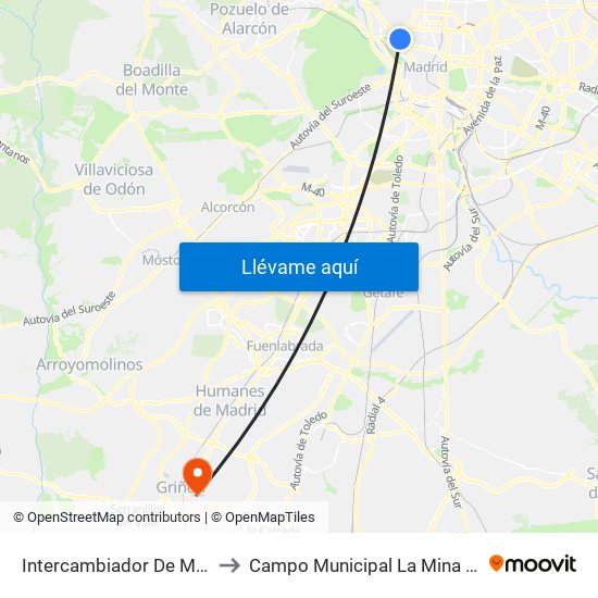 Intercambiador De Moncloa to Campo Municipal La Mina - Griñón map