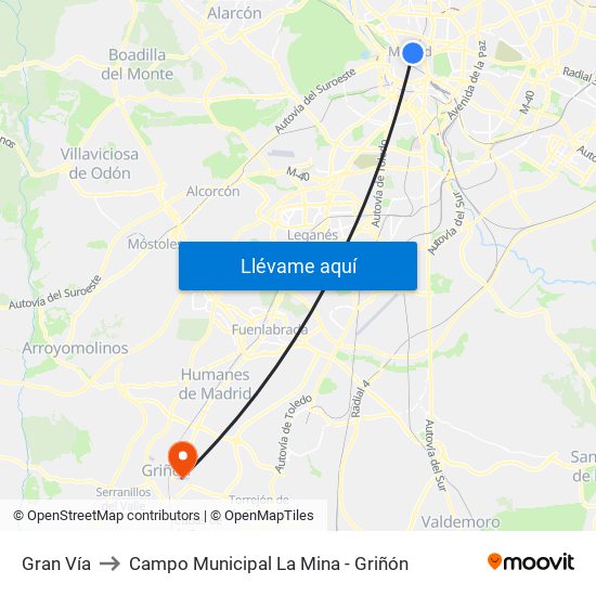 Gran Vía to Campo Municipal La Mina - Griñón map
