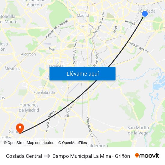 Coslada Central to Campo Municipal La Mina - Griñón map