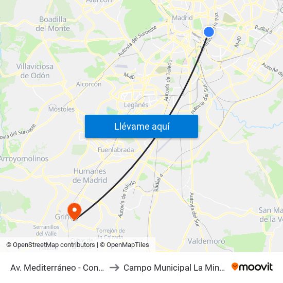 Av. Mediterráneo - Conde Casal to Campo Municipal La Mina - Griñón map