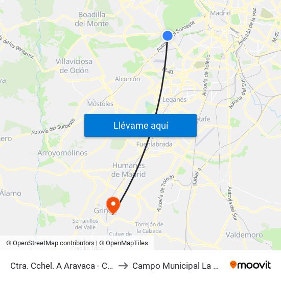 Ctra. Cchel. A Aravaca - Colonia Jardín to Campo Municipal La Mina - Griñón map