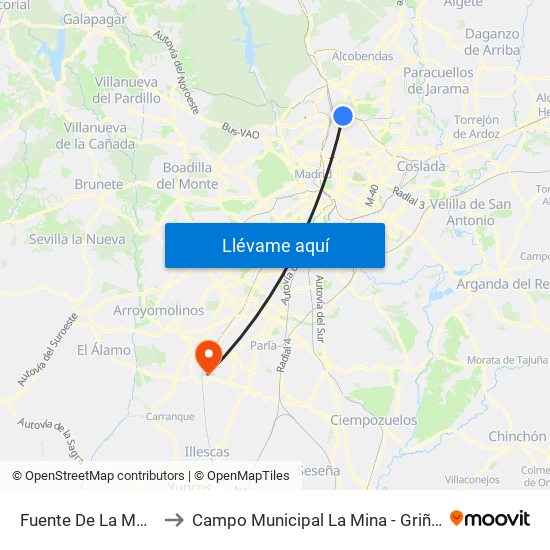 Fuente De La Mora to Campo Municipal La Mina - Griñón map