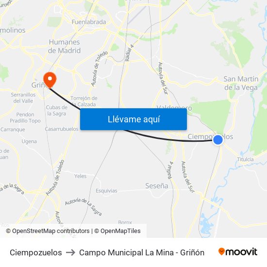Ciempozuelos to Campo Municipal La Mina - Griñón map