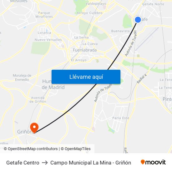 Getafe Centro to Campo Municipal La Mina - Griñón map