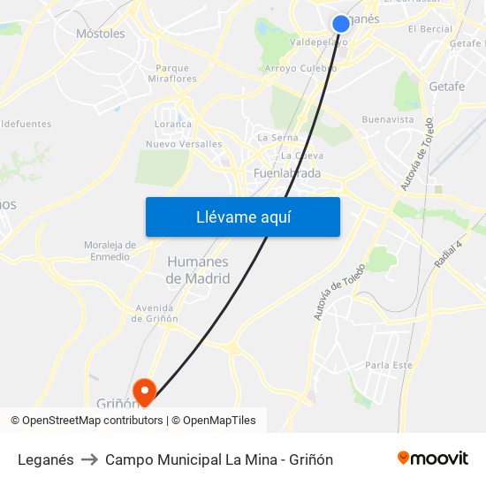 Leganés to Campo Municipal La Mina - Griñón map