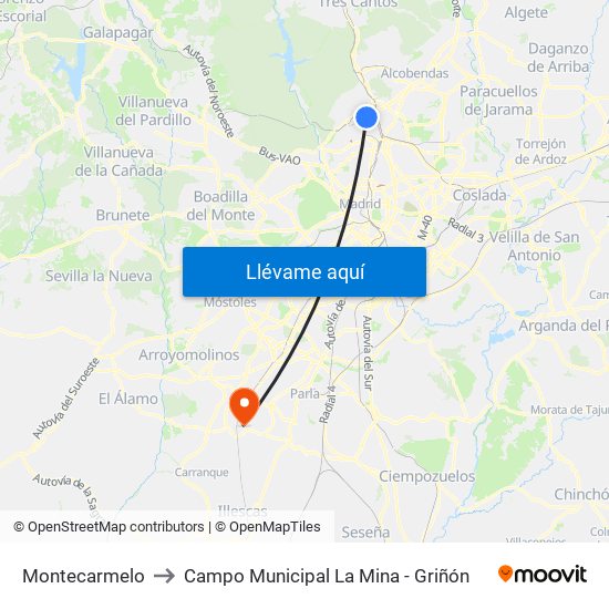 Montecarmelo to Campo Municipal La Mina - Griñón map