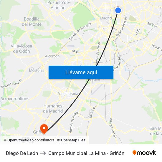 Diego De León to Campo Municipal La Mina - Griñón map