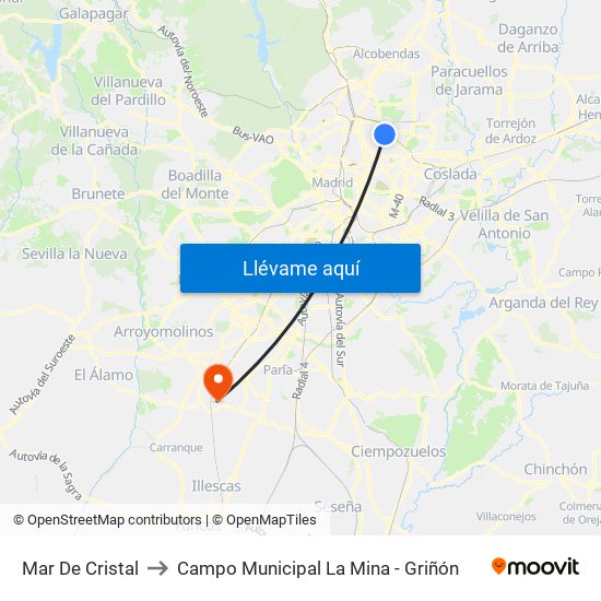 Mar De Cristal to Campo Municipal La Mina - Griñón map