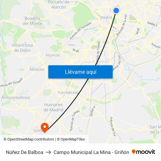 Núñez De Balboa to Campo Municipal La Mina - Griñón map