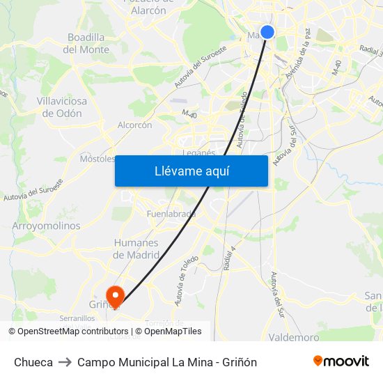Chueca to Campo Municipal La Mina - Griñón map