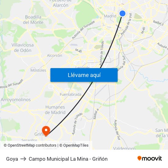 Goya to Campo Municipal La Mina - Griñón map