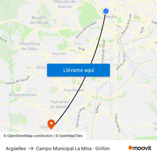Argüelles to Campo Municipal La Mina - Griñón map