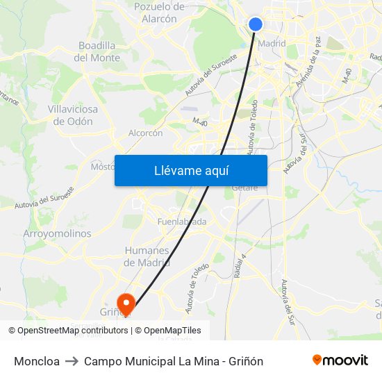 Moncloa to Campo Municipal La Mina - Griñón map