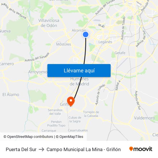 Puerta Del Sur to Campo Municipal La Mina - Griñón map
