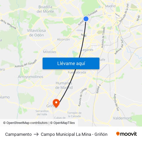 Campamento to Campo Municipal La Mina - Griñón map