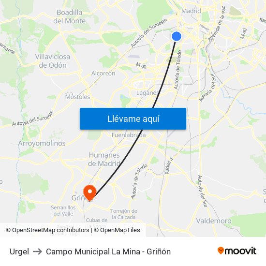 Urgel to Campo Municipal La Mina - Griñón map