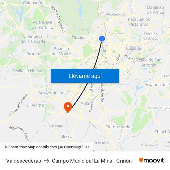 Valdeacederas to Campo Municipal La Mina - Griñón map