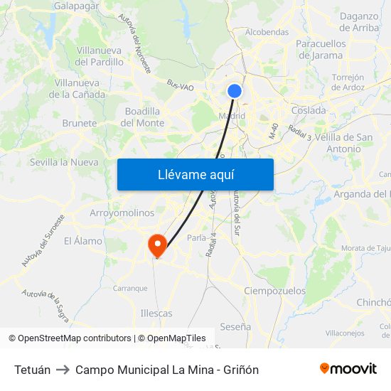 Tetuán to Campo Municipal La Mina - Griñón map