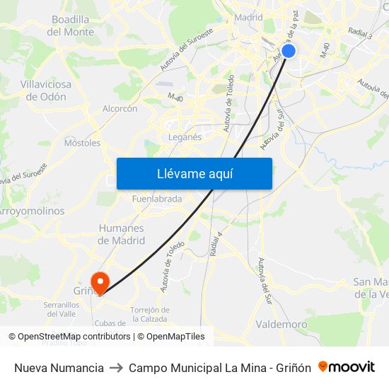 Nueva Numancia to Campo Municipal La Mina - Griñón map