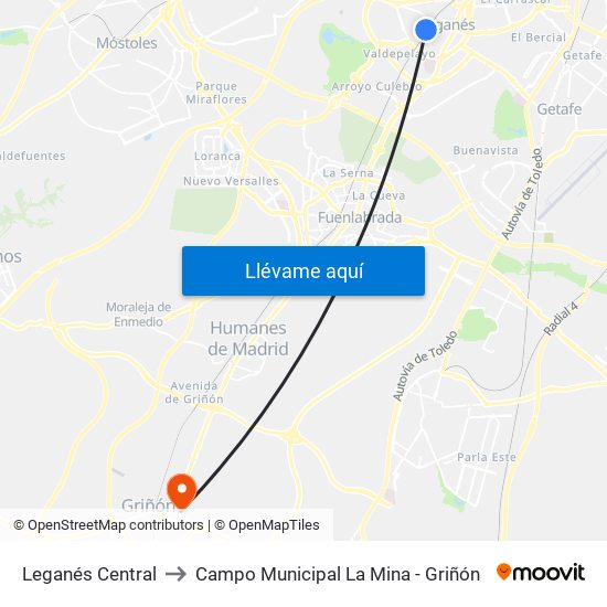 Leganés Central to Campo Municipal La Mina - Griñón map