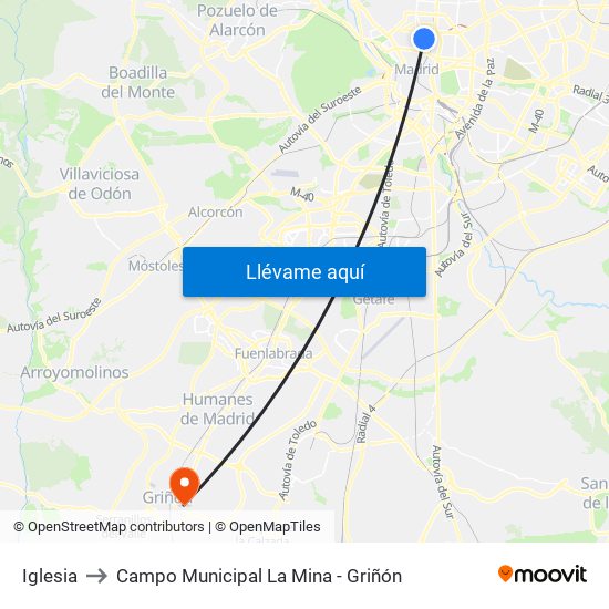 Iglesia to Campo Municipal La Mina - Griñón map