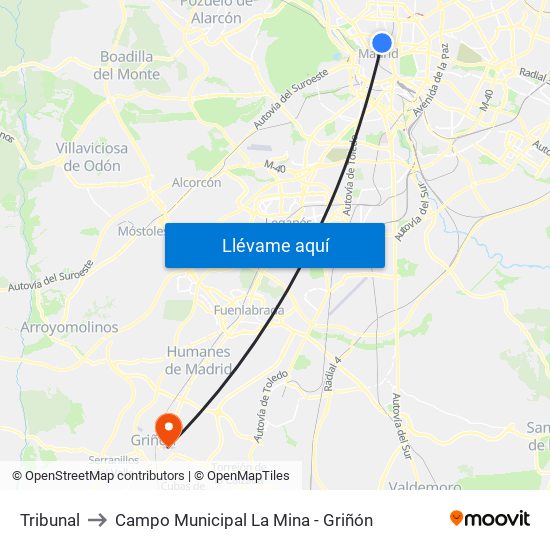 Tribunal to Campo Municipal La Mina - Griñón map