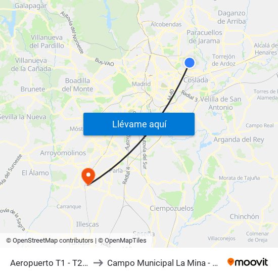 Aeropuerto T1 - T2 - T3 to Campo Municipal La Mina - Griñón map