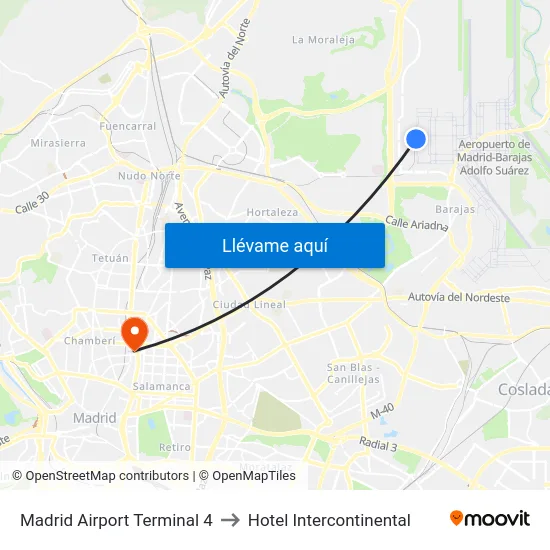 Madrid Airport Terminal 4 to Hotel Intercontinental map