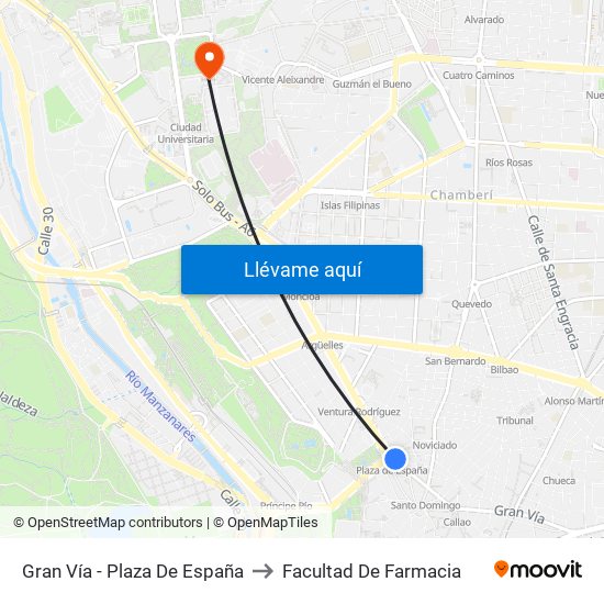 Gran Vía - Plaza De España to Facultad De Farmacia map