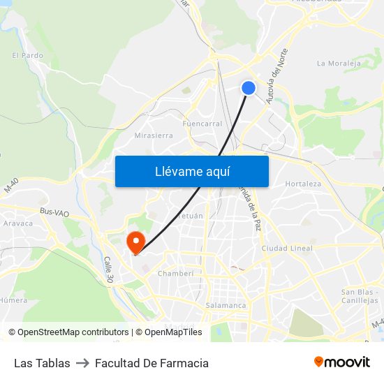 Las Tablas to Facultad De Farmacia map