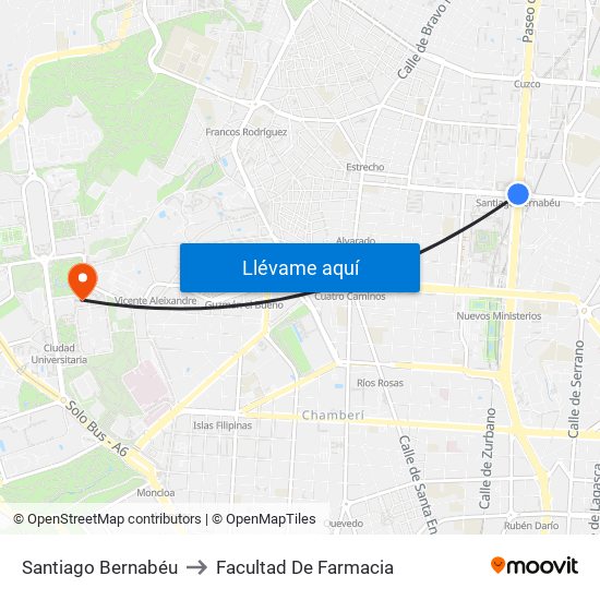 Santiago Bernabéu to Facultad De Farmacia map