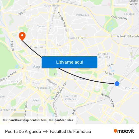 Puerta De Arganda to Facultad De Farmacia map